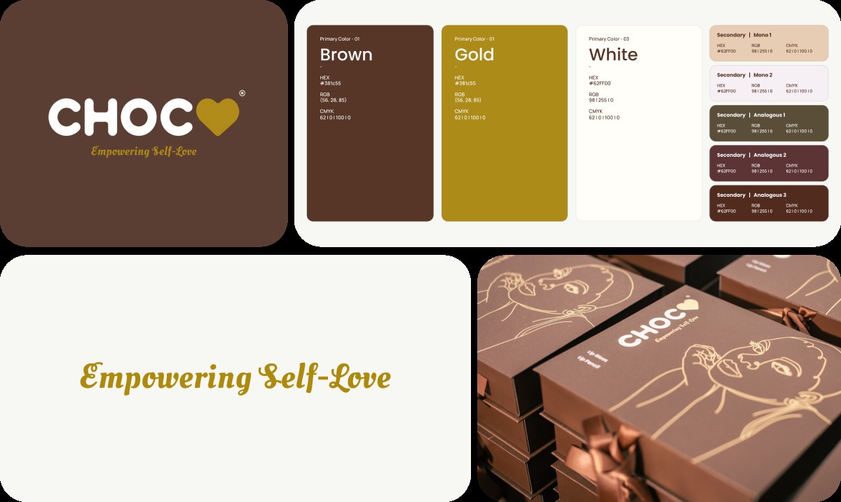 CHOC visual identity: colour palette, Poppins typography, logo variants and product packaging.