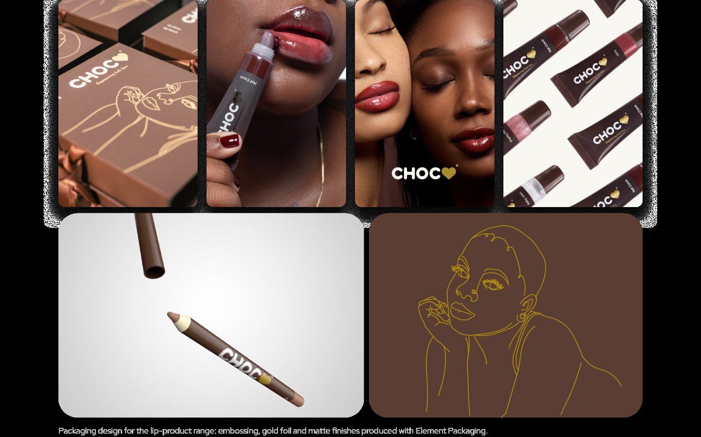 CHOC product packaging: box dielines and 3D renders showing embossing, gold foil and matte finishes.