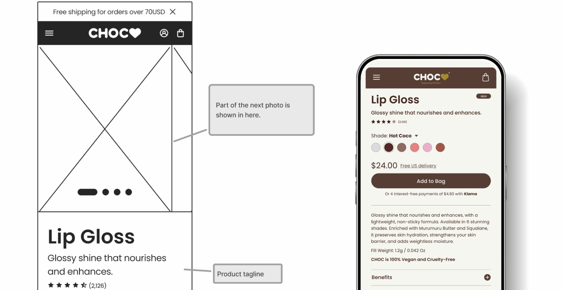 From wireframe to high-fidelity mockup: product detail page evolution for CHOCfactory.com.