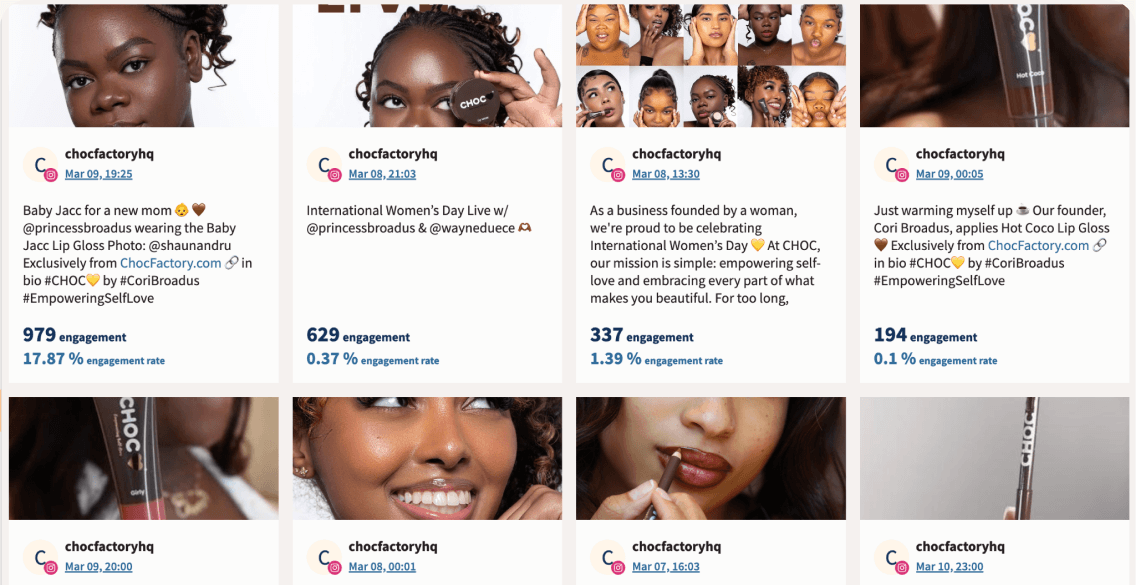 Social media content grid: four @chocfactoryhq Instagram posts from the launch period.