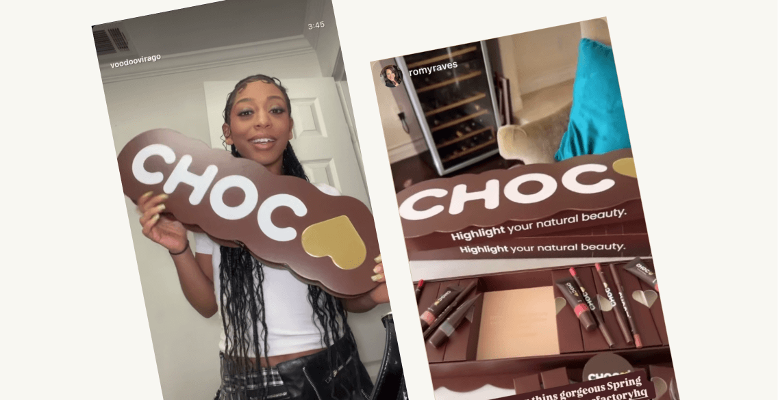 Influencer unboxing content: two TikTok stills from the CHOC Influencer Box campaign.