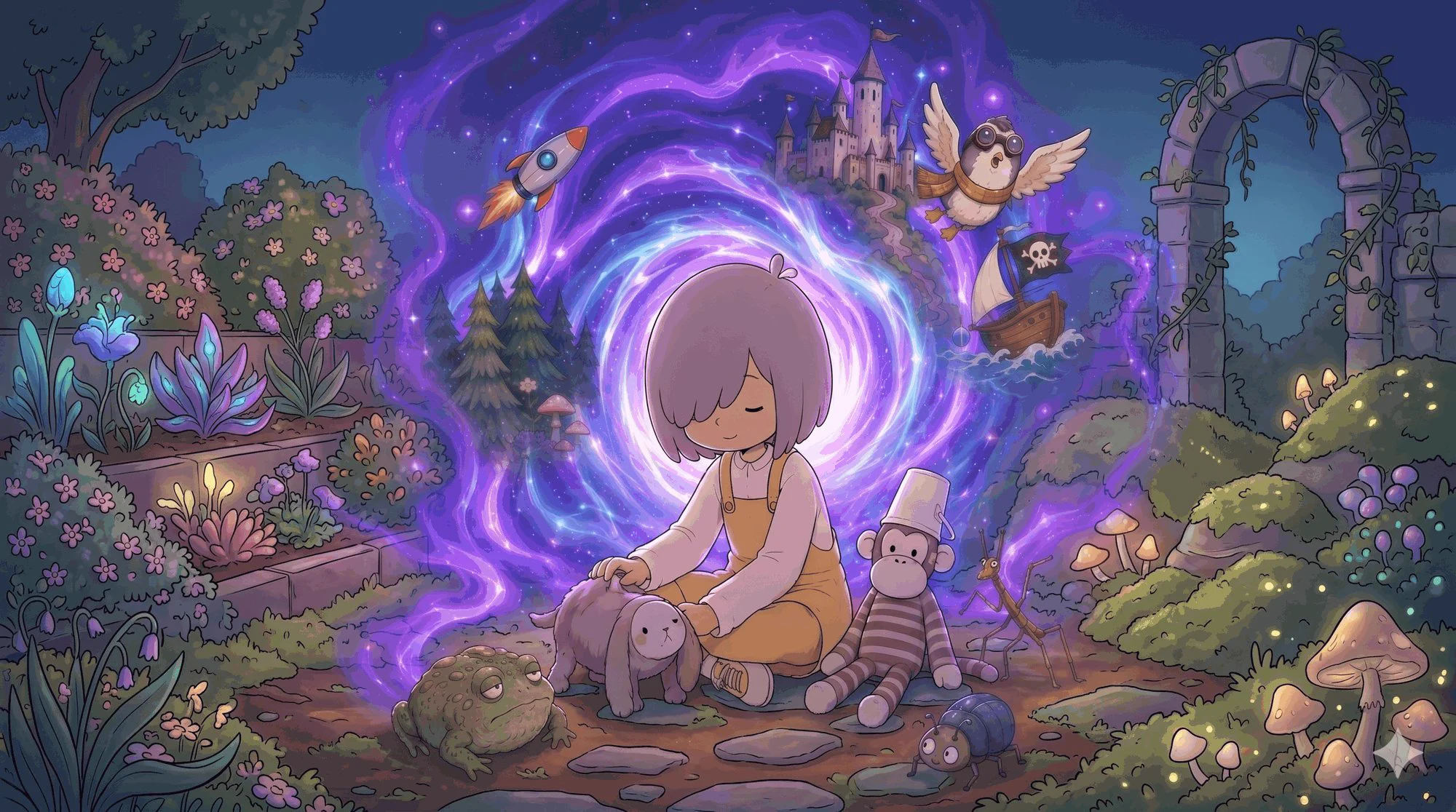 Flo in a night garden, the vortex of her imagination opening behind her