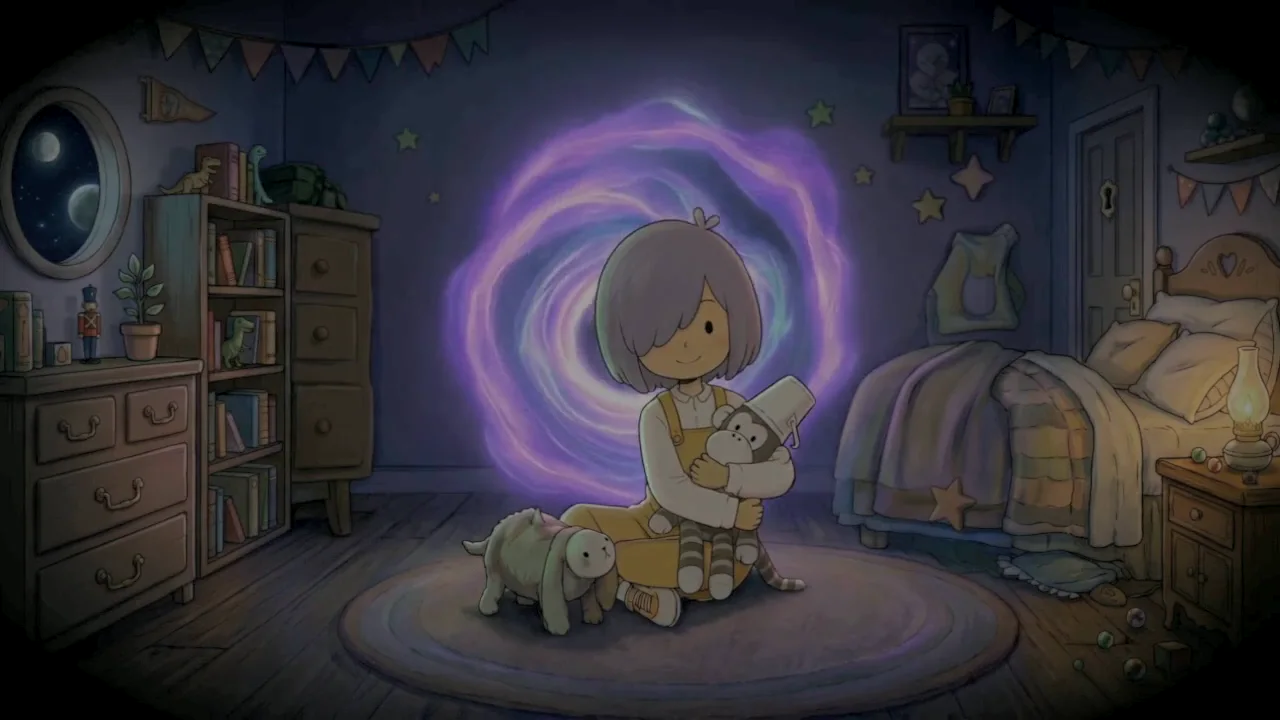 Night in Flo's bedroom: the vortex swirls open above her as she holds her monkey