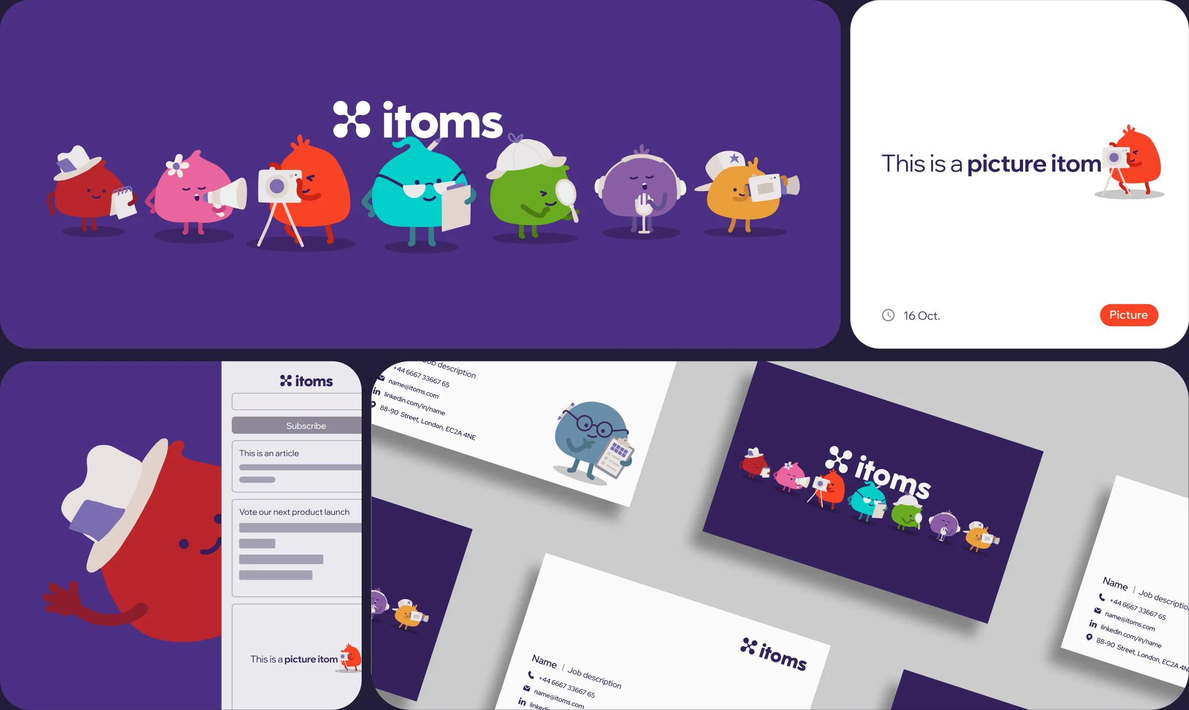 itoms visual identity: the wordmark above the seven character types, a picture-itom content card, the embedded widget and branded stationery.