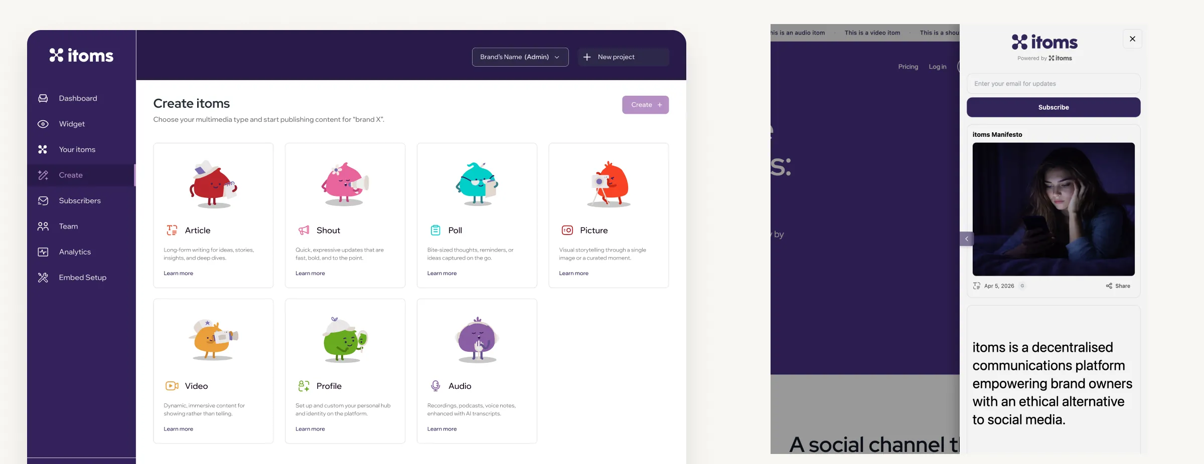The itoms dashboard for creating content, shown next to the expanded widget running inside a brand's own site.