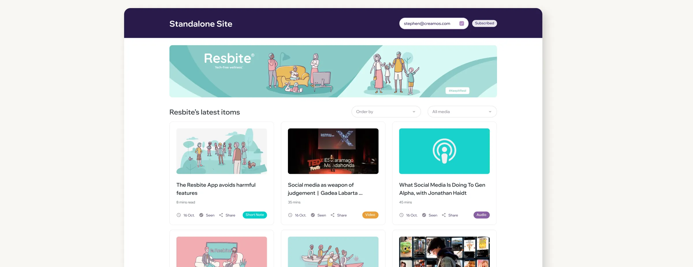 The itoms standalone site for Resbite: a branded header, banner and a filterable grid of published items.