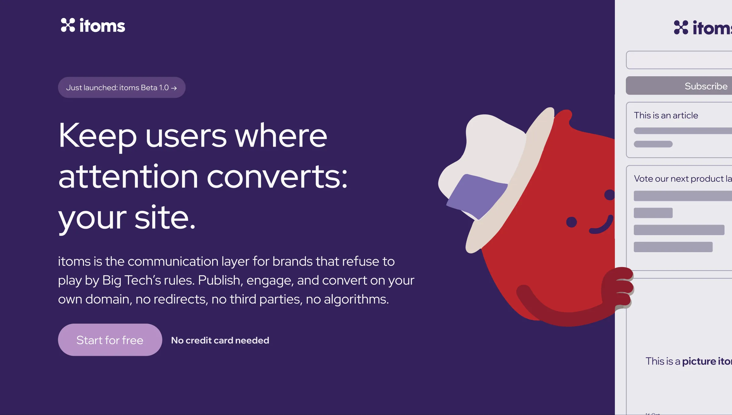 The itoms landing page: “Keep users where attention converts: your site.” with a Start for free call to action.