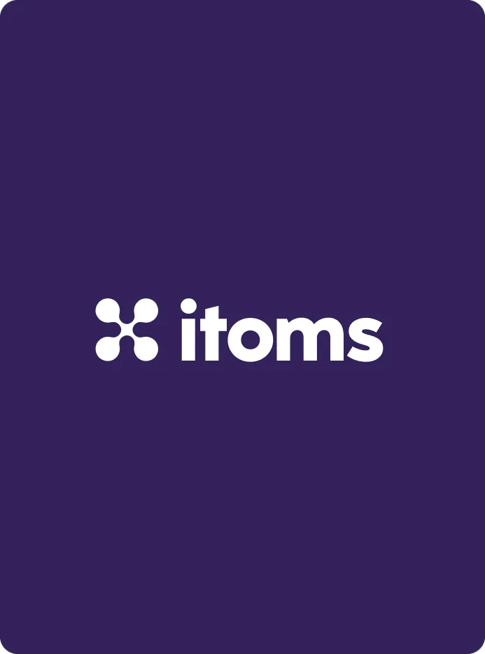 The itoms wordmark and its four-dot logo mark in white on a deep purple card