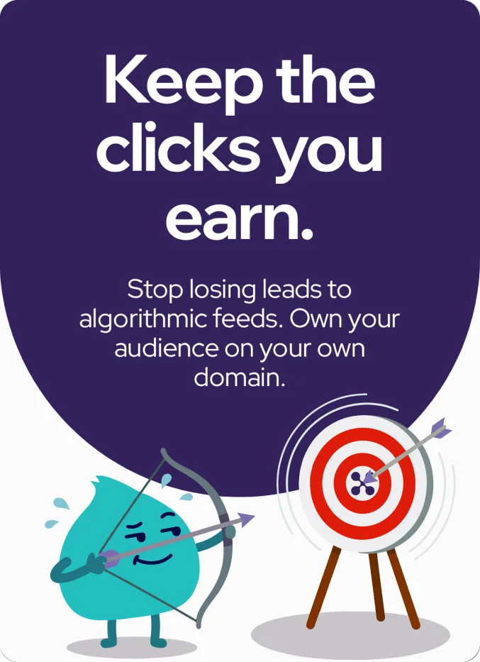 “Keep the clicks you earn” card: a teal character firing an arrow into a bullseye