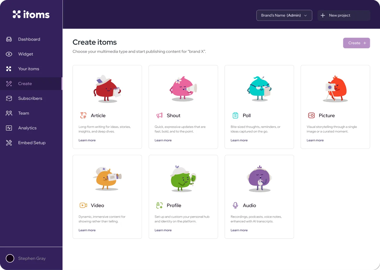 The itoms dashboard “Create itoms” screen with a card for each content format