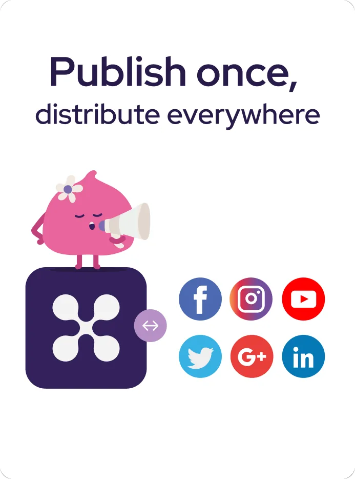 “Publish once, distribute everywhere” card with the pink itoms mascot and social platform badges