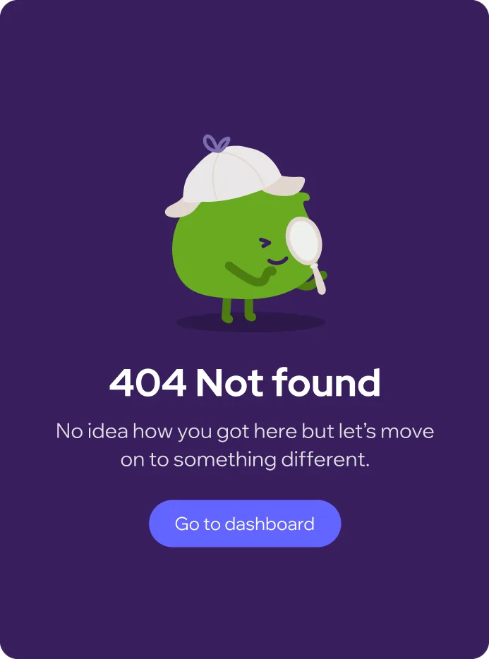 The itoms 404 screen: a green character searching with a magnifying glass