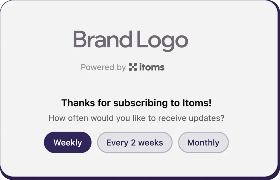 Subscription confirmation asking how often you would like to receive updates, with Weekly, Every 2 weeks and Monthly options.