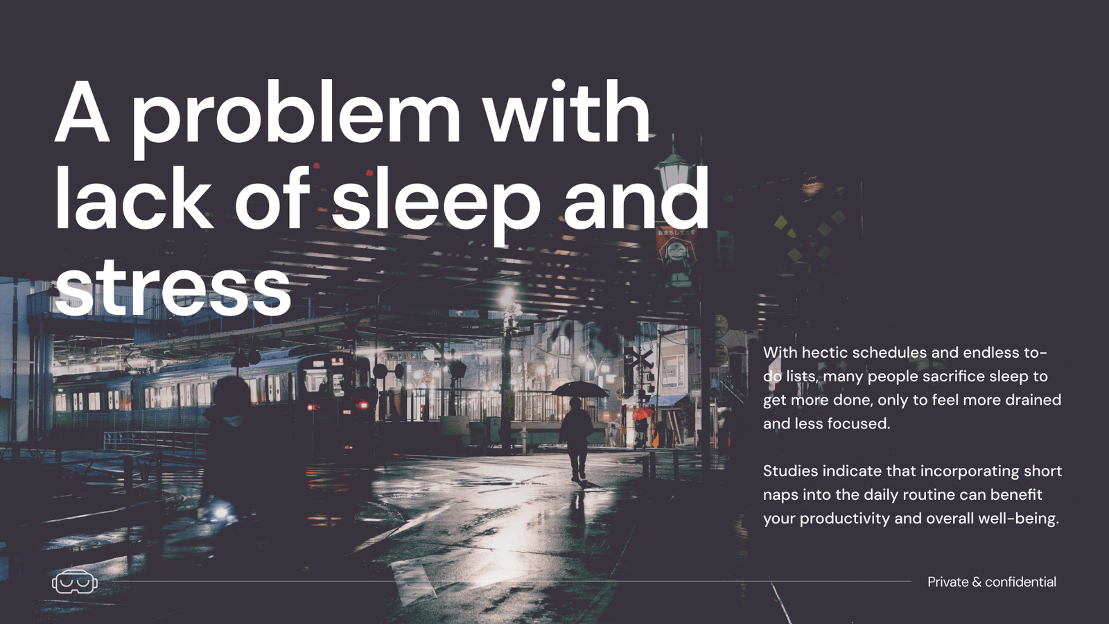 The problem of poor sleep and rising stress, illustrated by a moody night-time street scene