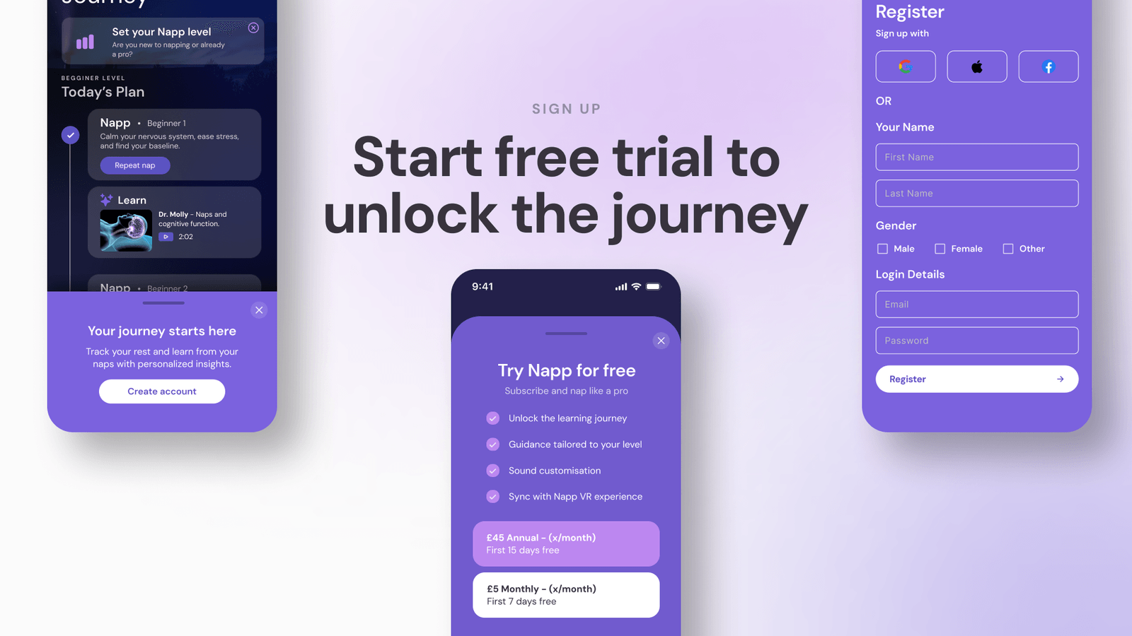 Start free trial to unlock the journey: Napp sign-up and account registration screens