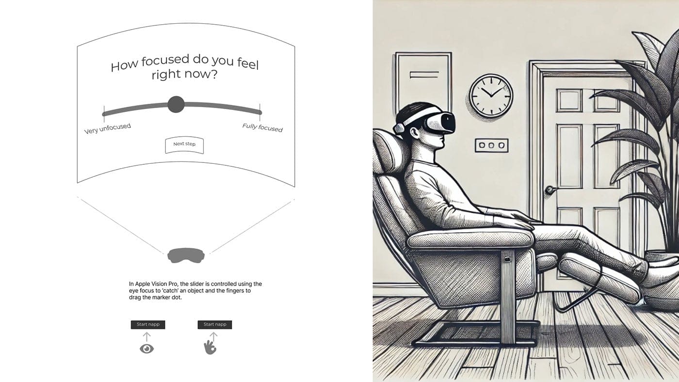 Napp VR experience wireframe: a focus-level slider beside a person napping in a VR headset
