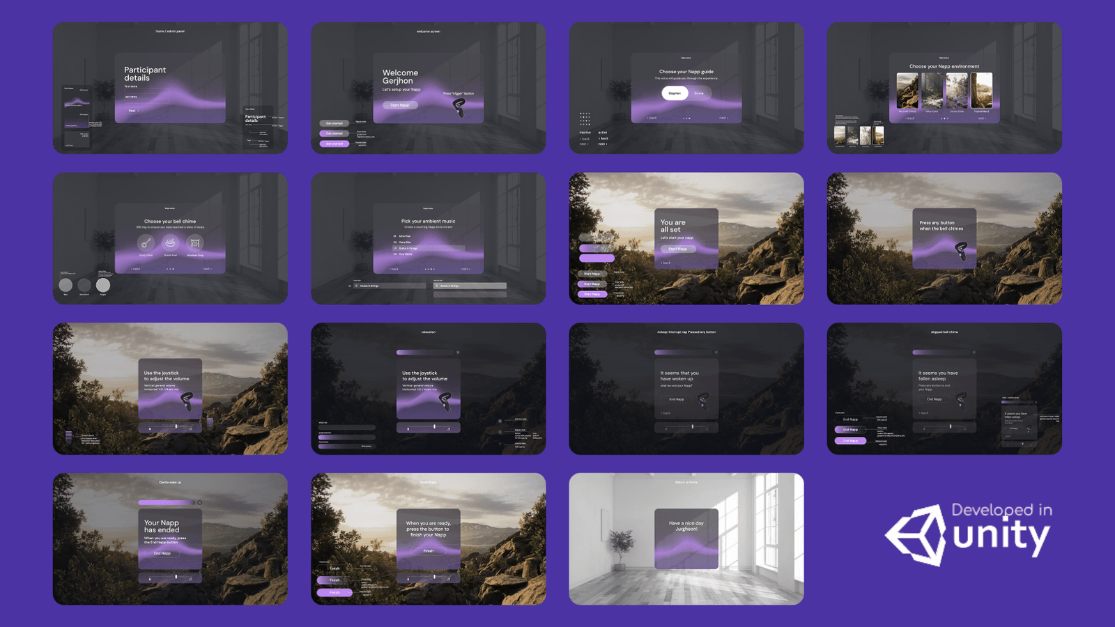 Napp VR onboarding screens for choosing a nap environment, guide and bell chime, built in Unity