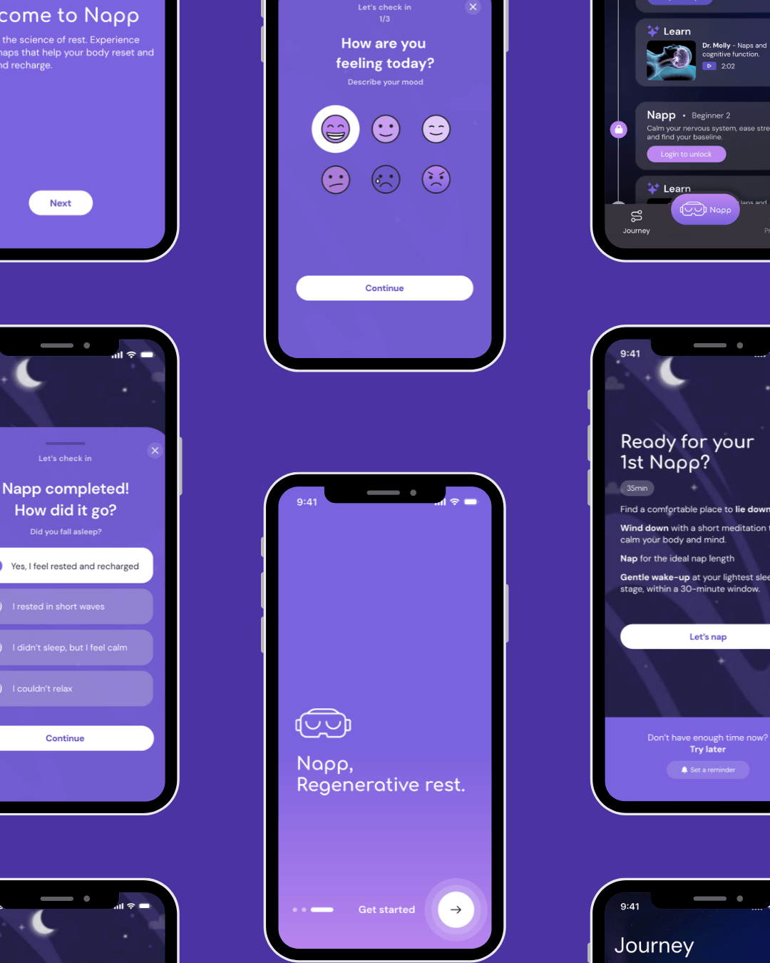 Napp app onboarding and mood check-in screens shown across multiple phones