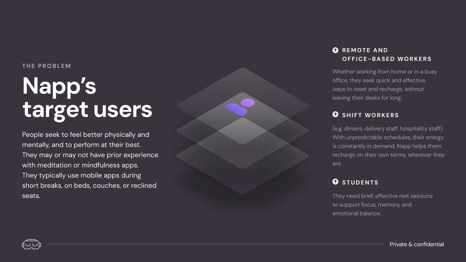Napp's target users: remote and office workers, shift workers and students who need quick, effective rest