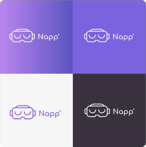 Four Napp logo tiles: the goggles mark in lilac, purple, white and dark variants