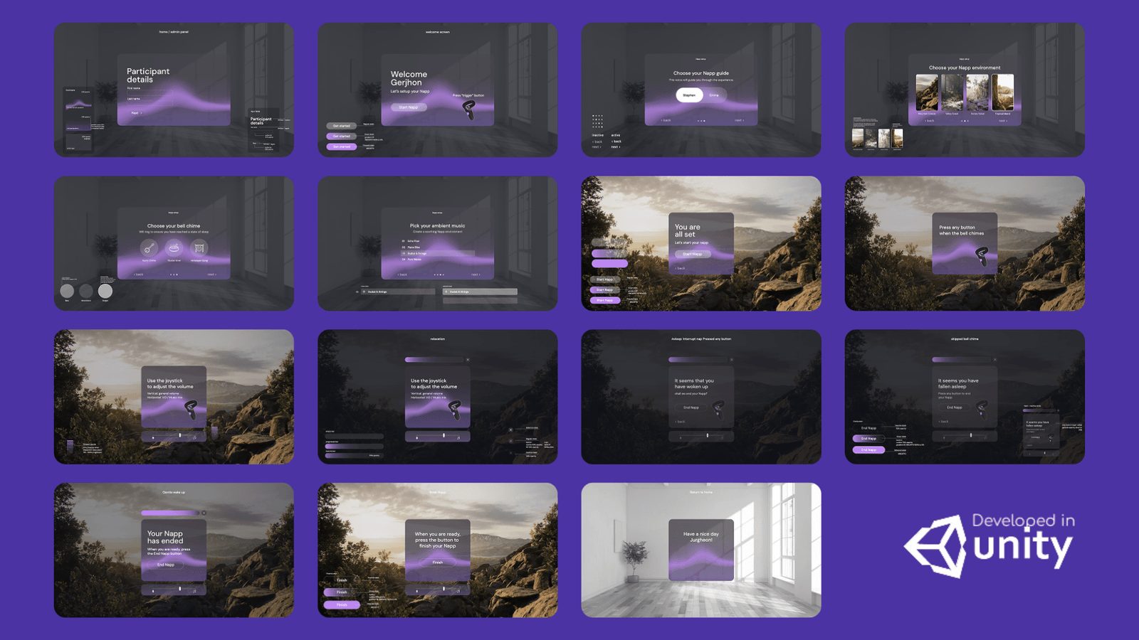 Grid of Napp VR onboarding screens, developed in Unity