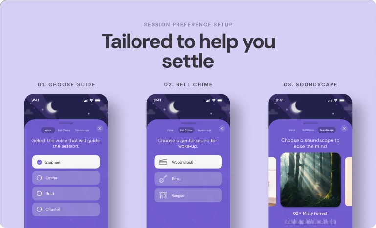 “Tailored to help you settle”: three session-preference screens for guide, bell chime and soundscape