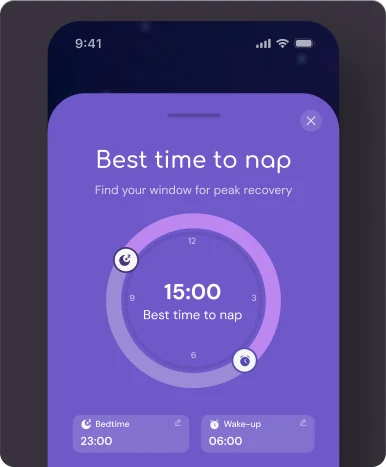 The best-time-to-nap dial set to 15:00, with bedtime and wake-up times below