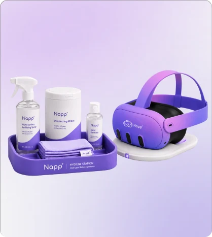 Napp-branded packaging beside a purple VR headset on a tray