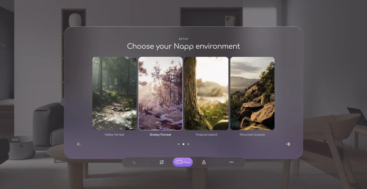 The Napp VR setup screen floating in an office, offering four rest environments: valley forest, snowy forest, tropical island and mountain breeze.