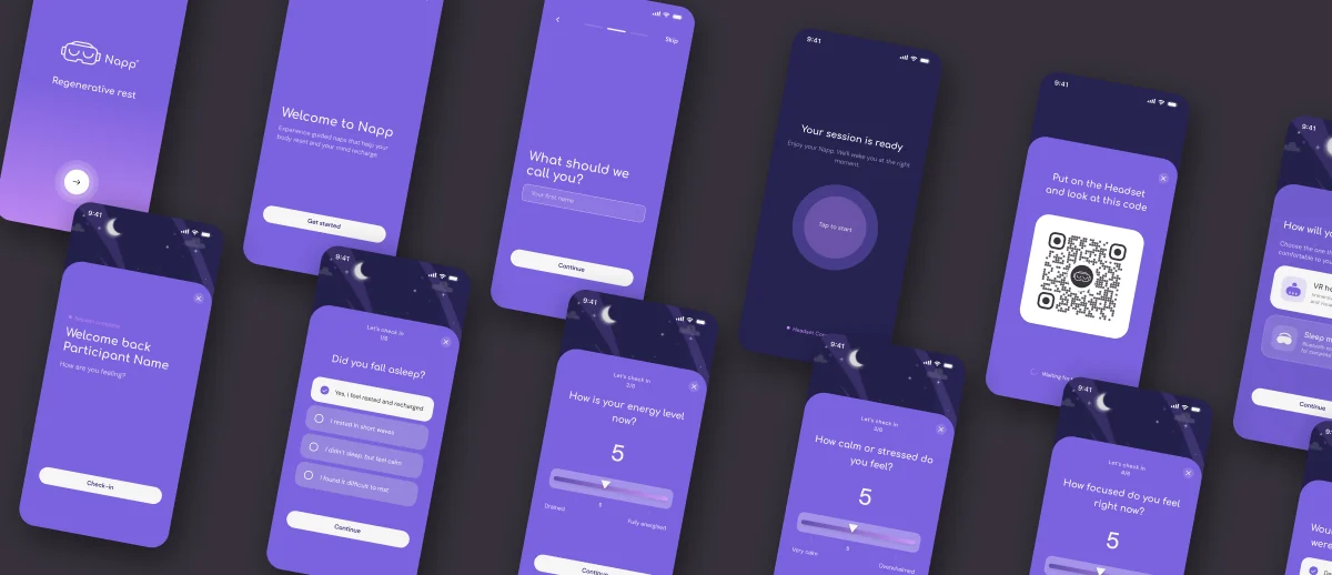 The Napp onboarding and check-in flow across a dozen phone screens, from welcome and headset pairing through to energy, calm and focus ratings.
