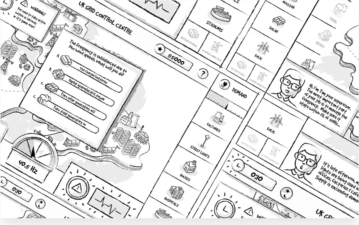 The 2D isometric energy map: a coastal town with a lighthouse, wind farm, houses and power stations