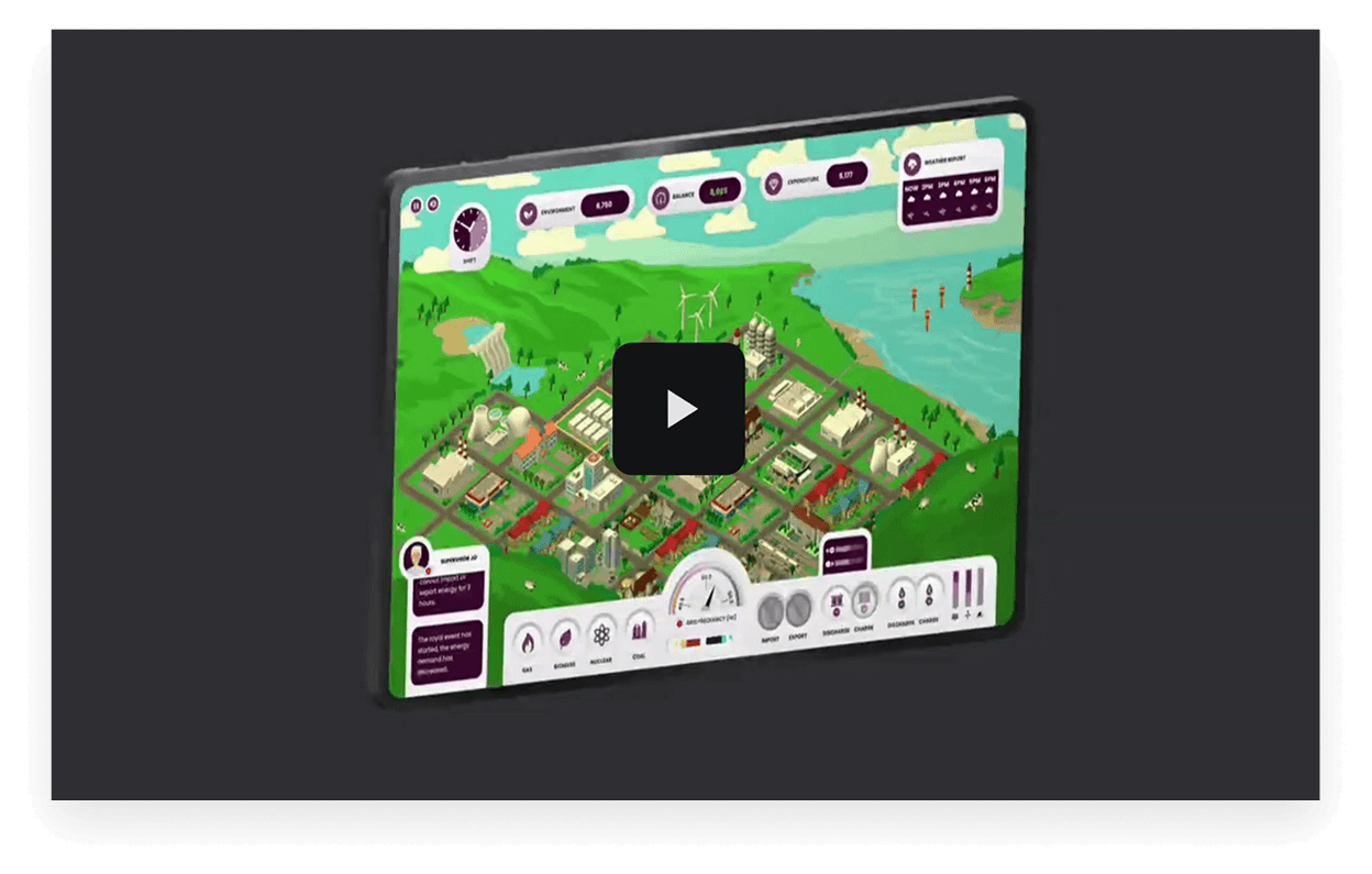 Game HUD showing the frequency bar, environmental and expenditure scores over the isometric map