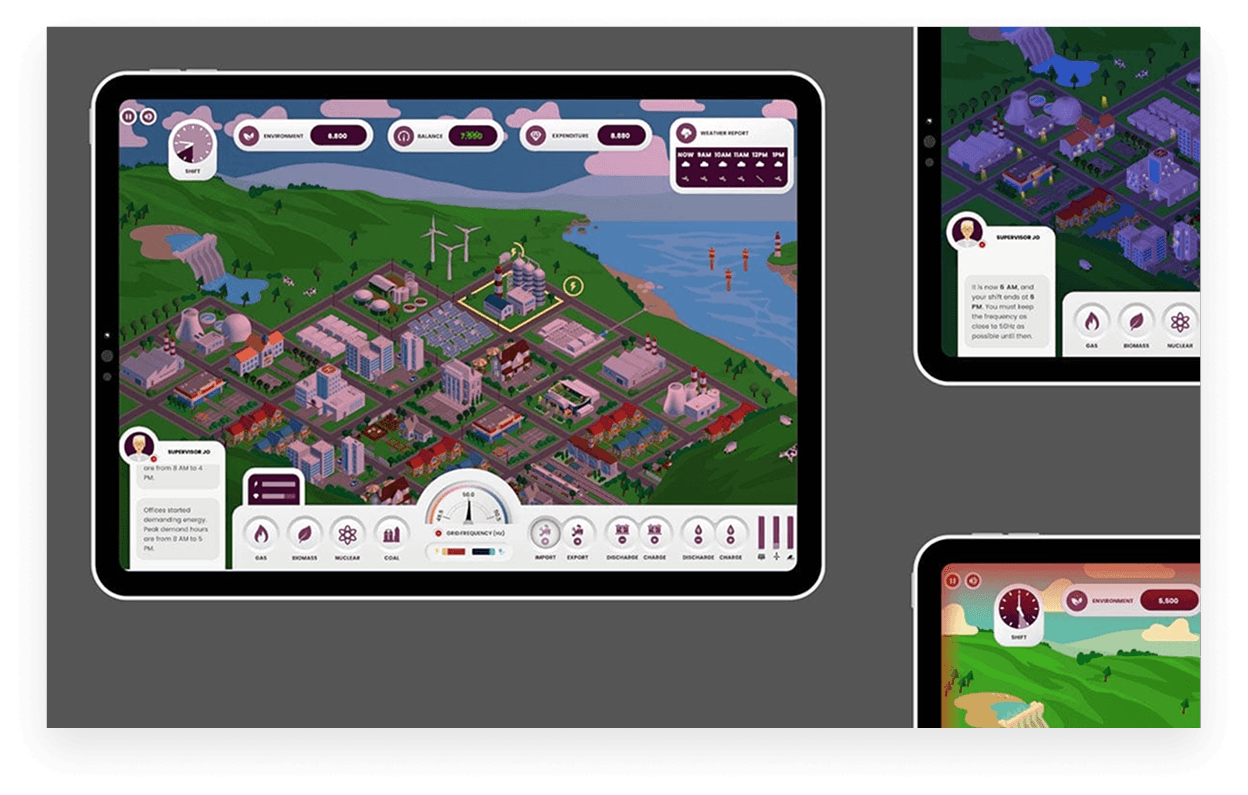 Balancing the Grid launch composition: game map, dashboard and Prime Minister press coverage