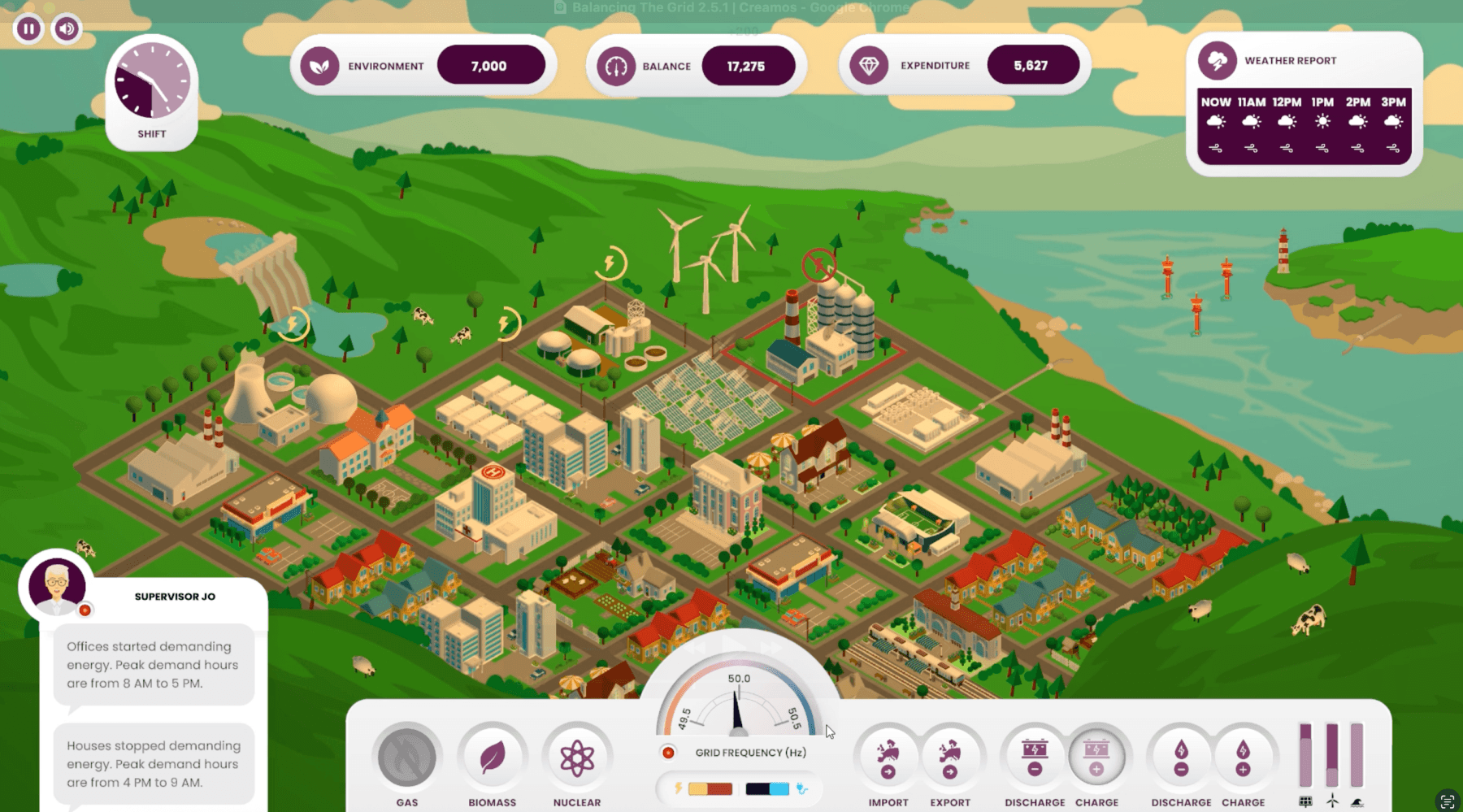 The Balancing the Grid isometric game map showing wind turbines, homes and the frequency dial