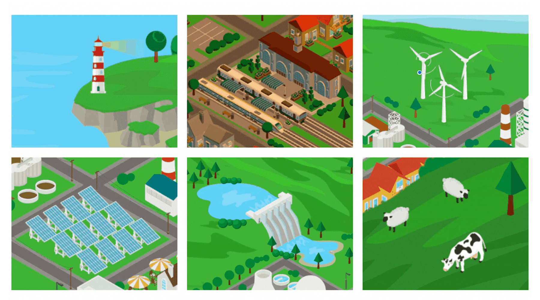 A composition of Balancing the Grid screens: the briefing card, mid-shift HUD, weather challenge pop-up and end-of-shift results