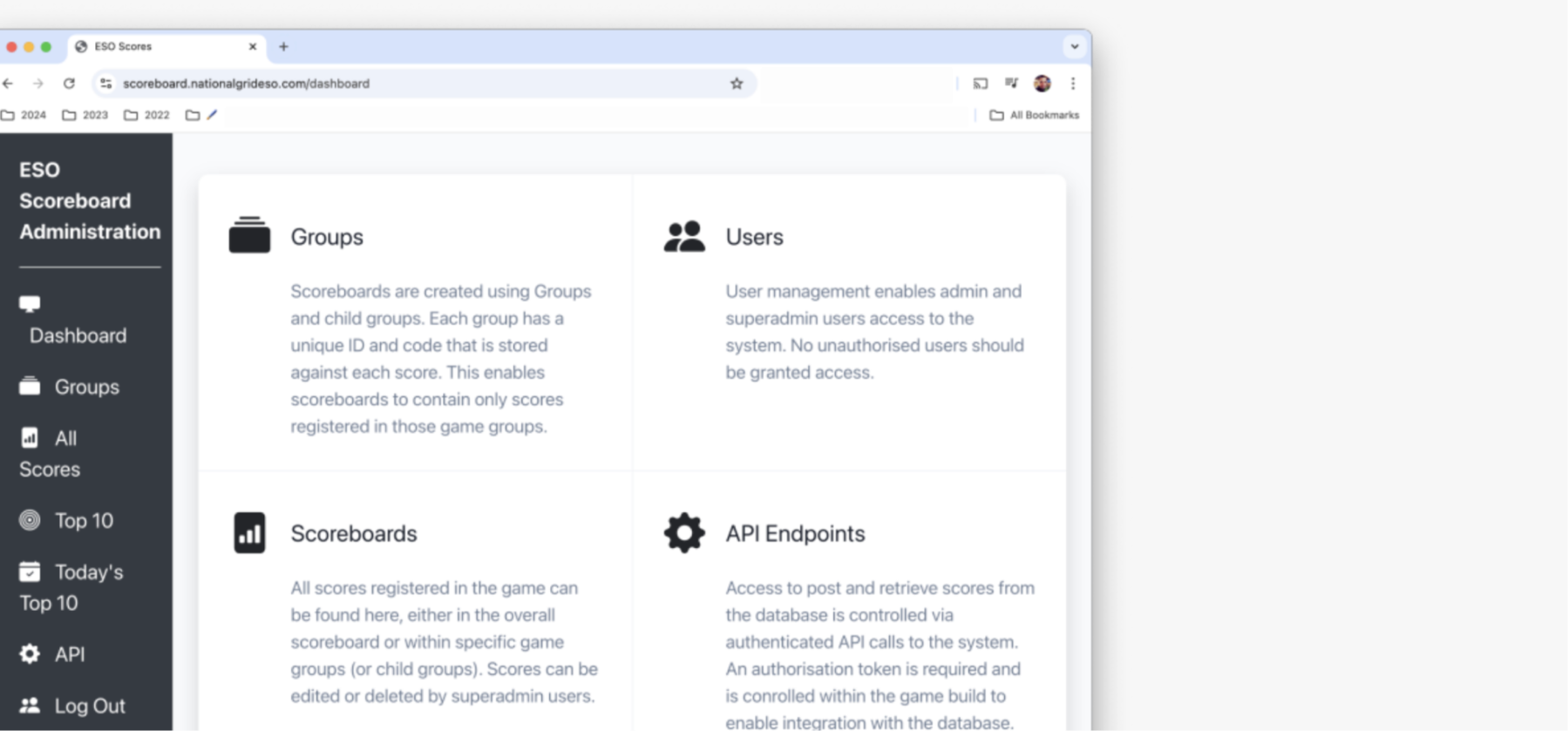 Admin dashboard for the game infrastructure, showing groups, users, scoreboards and API endpoints