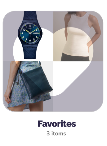 A Favorites collection tile showing three items — a navy watch, a cream knit top and a dark bag over a printed skirt