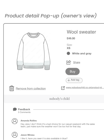 A product detail pop-up in the owner's view: a wool sweater card with size, colour, share and buy actions above a feedback thread