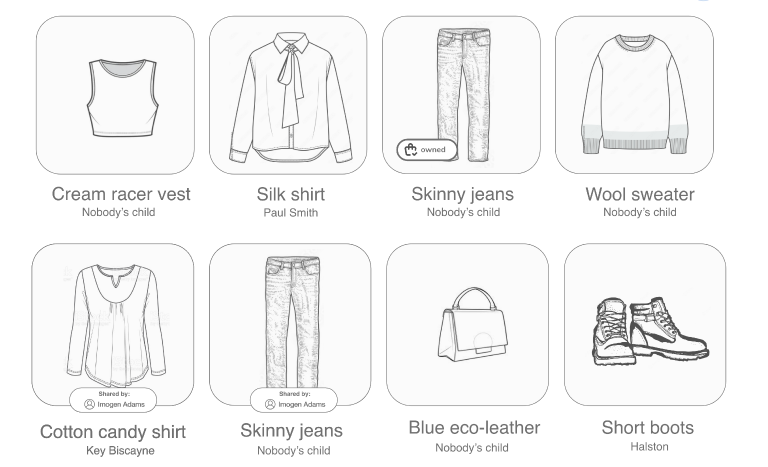 A wardrobe grid of eight garments — a cream racer vest, silk shirt, skinny jeans, wool sweater, cotton candy shirt, jeans, blue eco-leather bag and short boots — each labelled with brand