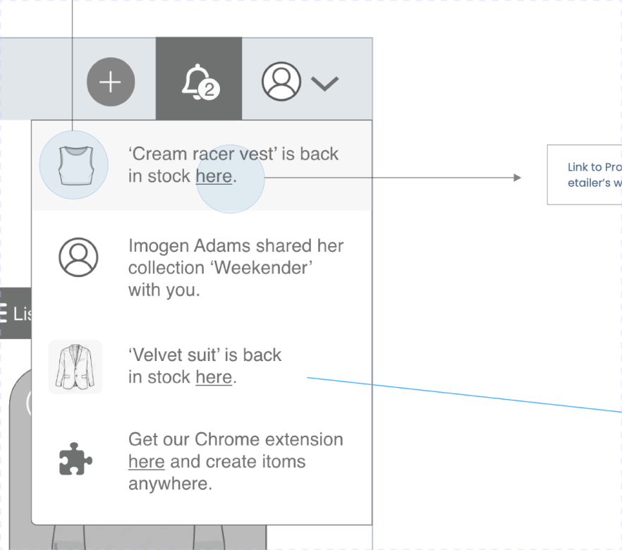 Notifications drop-down: a stack of alerts announcing a back-in-stock racer vest, a shared Weekender collection, another back-in-stock item and a prompt to install the Chrome extension