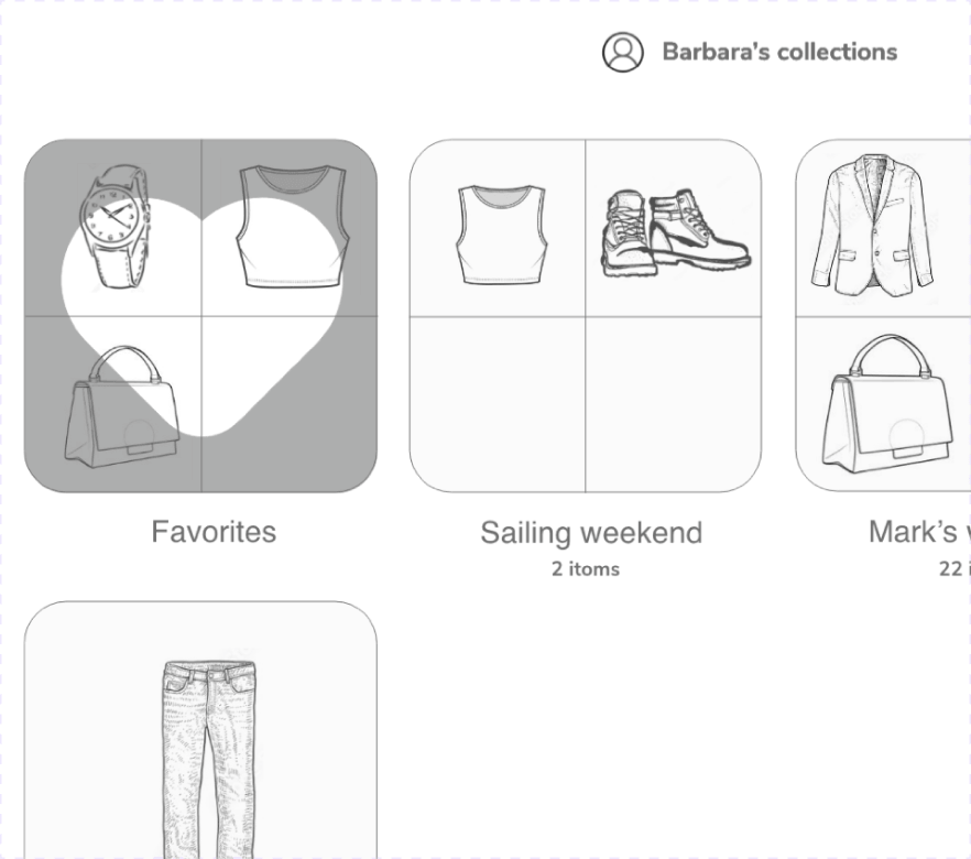 Collections overview: two wardrobe tiles labelled Sailing weekend and Mark's wedding, each a 2×2 grid of line-drawn garments with item counts underneath