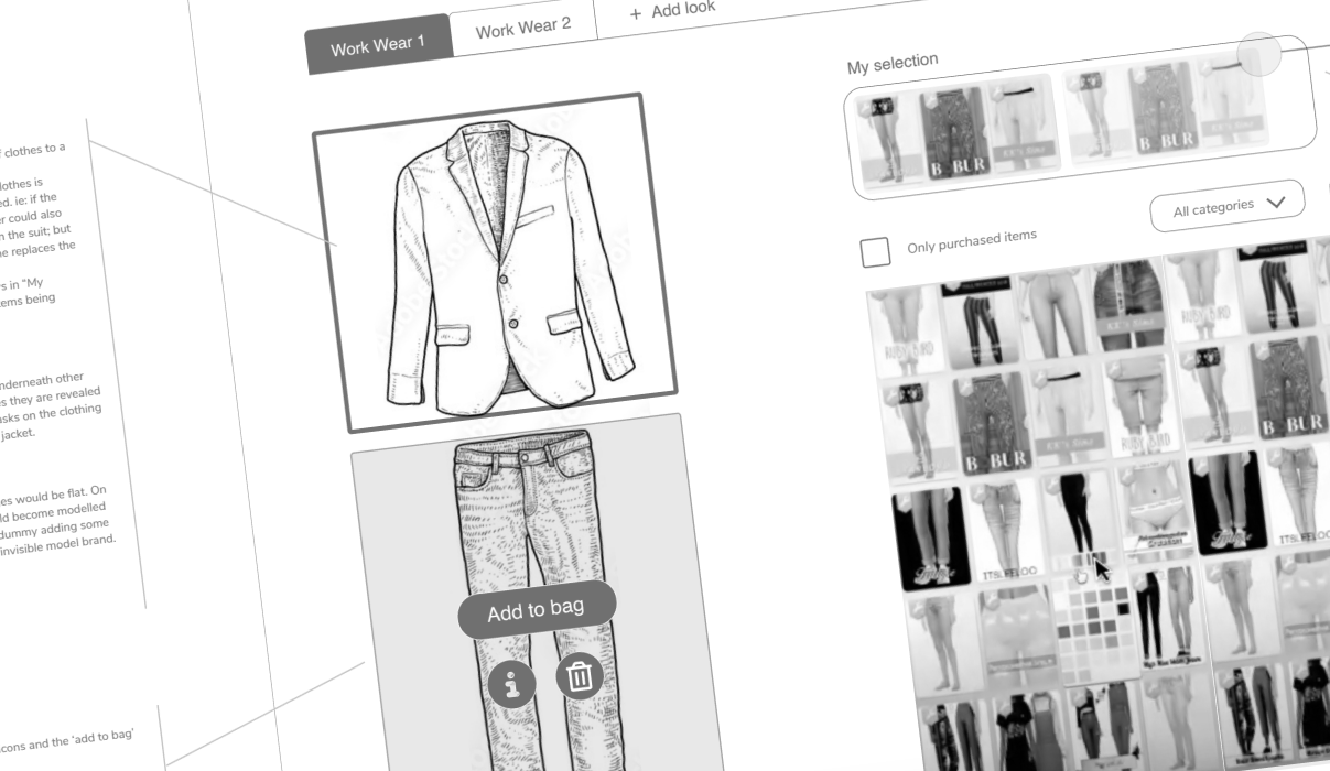 Wireframe of the outfit builder: a Work View tab with a blazer and trousers assembled around an Add-to-bag action, beside a My selection sidebar of alternative pieces to swap in