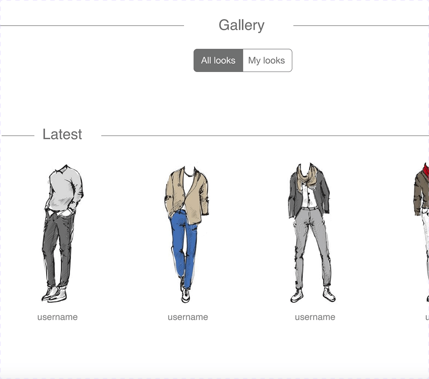 Wireframe of the Gallery view: All looks and My looks tabs at the top, with a Latest row showing four outfit looks — a sweater with grey trousers, a tan blazer with blue jeans, a leather jacket with a scarf, and a further look — each labelled username underneath