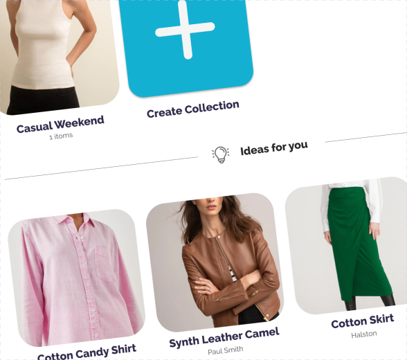 Ideas for your collection: a row of suggested garments — a cotton candy shirt, SynthLeather coat, cotton skirt and velvet kilt — each with the retailer's brand underneath