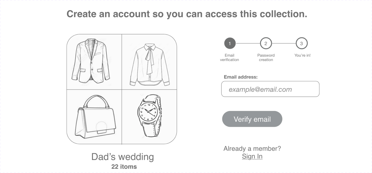 Create-an-account prompt for a shared collection: a 2×2 preview of Dad's wedding beside a three-step onboarding — email verification, password creation, you're in — with an email field and a Verify email button