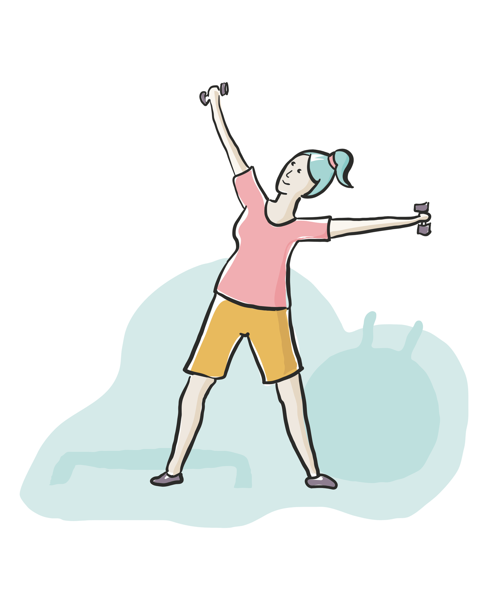 Flat-line illustration of a woman in workout clothes doing a lunge with dumbbells in front of a pale teal exercise-ball shape