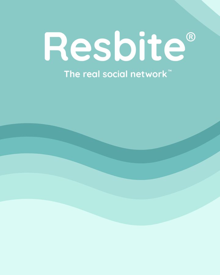 Resbite brand identity: white 'Resbite — the real social network' wordmark on a soft teal background with layered wave shapes