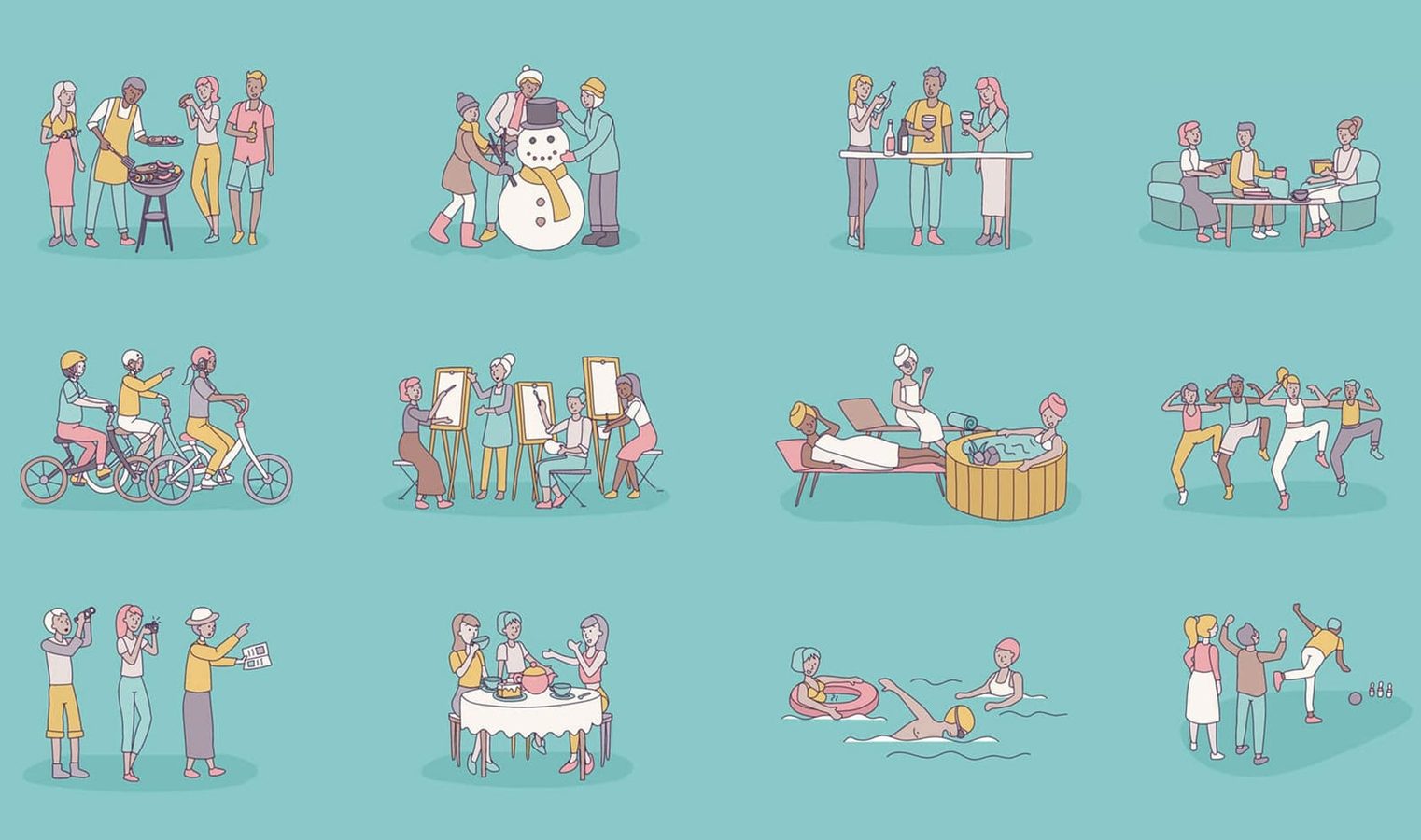 Grid of Resbite flat-line illustrations of groups doing shared activities — grilling, building a snowman, wine tasting, cycling, painting, a spa, an exercise class, birdwatching, tea, swimming and bowling