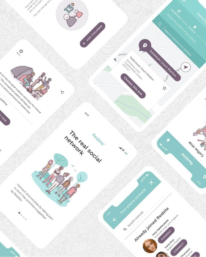 Angled collage of Resbite app screens: an 'Add children' onboarding step, an activity card, a map location picker, the 'The real social network' welcome screen and an 'Already joined Resbite' connections list