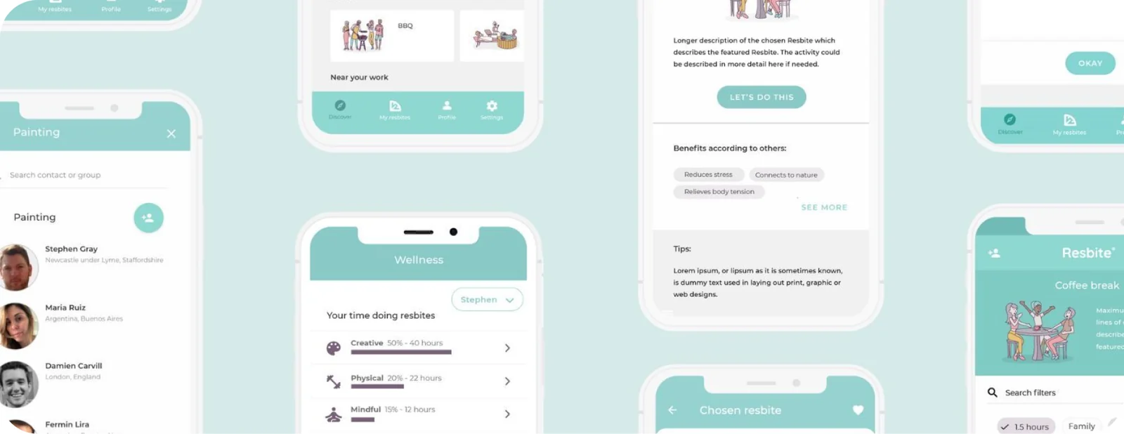 A grid of Resbite app screens: activity discovery, a contact picker, the wellness summary and an activity detail page.